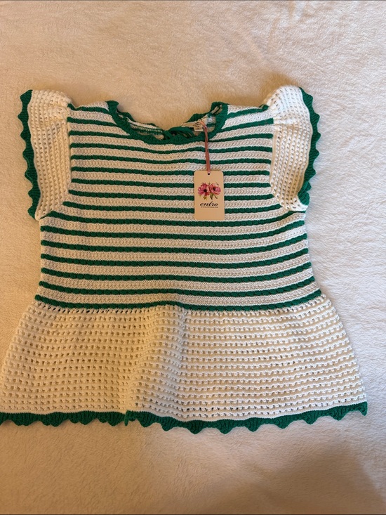 entro Tops - entro Green and White Striped Crochet Top
